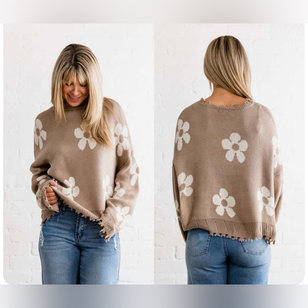 Hayden Taupe Floral Boho Distressed Sweater Woman S